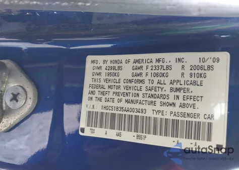 2010 Honda Accord 2.4 Lx-S z USA, uszkodzony, nr VIN 1HGCS1B35AA003493